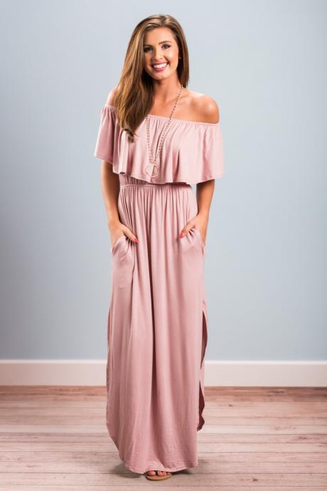 Summer Casual Women Long Dress Off The Shoulder Ruffles Beach Pockets Side Split Maxi Dress Pink