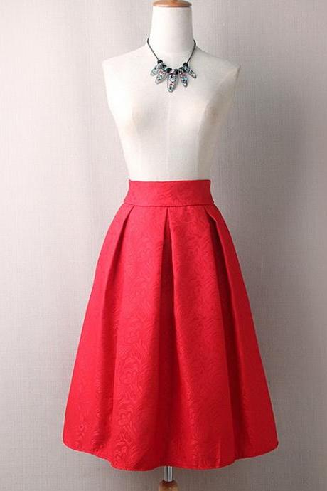 Vintage A Line Midi Skirt High Waist Knee Length Women Work Pleated A Line Skater Skirt Red