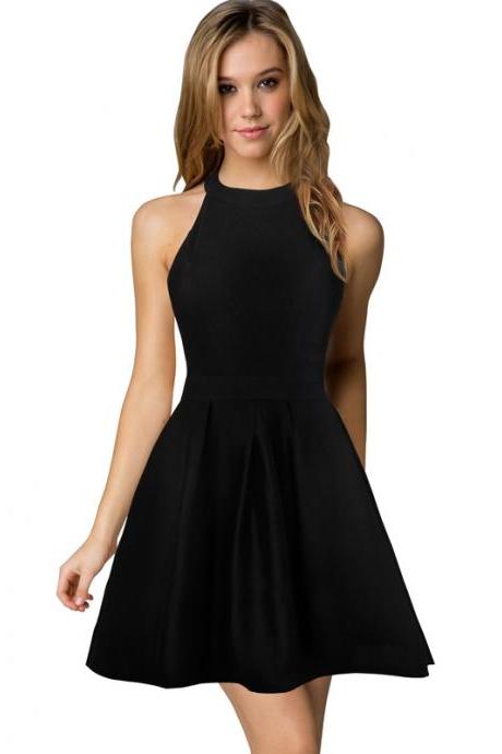 Sexy Short Nightclub Wear Halter Blackless Zipper A-Line Mini Cocktail Party Dress black