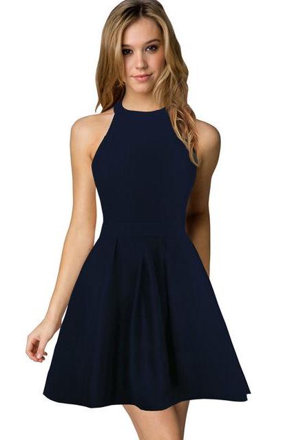 Sexy Short Nightclub Wear Halter Blackless Zipper A-Line Mini Cocktail Party Dress navy blue