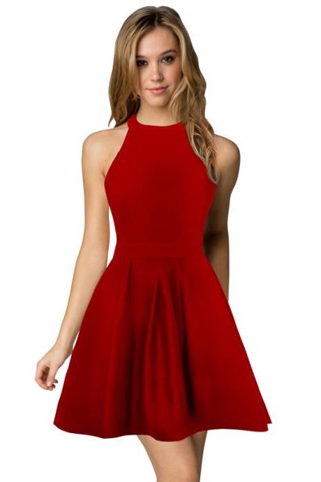 Sexy Short Nightclub Wear Halter Blackless Zipper A-Line Mini Cocktail Party Dress red