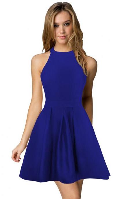 Sexy Short Nightclub Wear Halter Blackless Zipper A-Line Mini Cocktail Party Dress royal blue