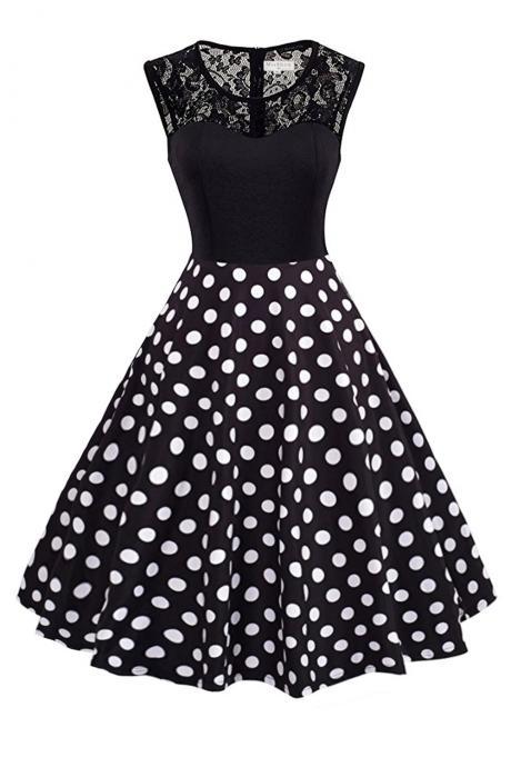 Women Lace Patchwork Casual Dress Floral/Polka Dot Printed Summer Sleeveless A Line Party Dress black+polka dot