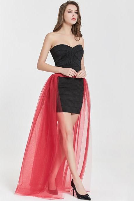Women Maxi Skirt Floor Length Adult Ruched Tulle High Waist Wedding Party Over Skirt red