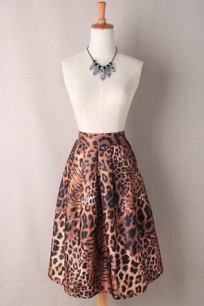Tiger Print High Rise Ruffled A-Line Midi Skirt 