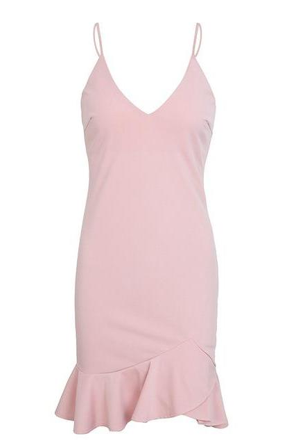 Sexy V Neck Mini Dress Spaghetti Strap Ruffle Mermaid Women Summer Bodycon Club Party Dress Pink
