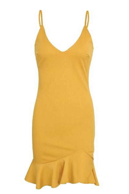 Sexy V Neck Mini Dress Spaghetti Strap Ruffle Mermaid Women Summer Bodycon Club Party Dress Yellow