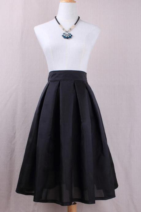  Simple Women A Line Midi Skirt High Waist Pleated Solid Office Work Skater Skirt black