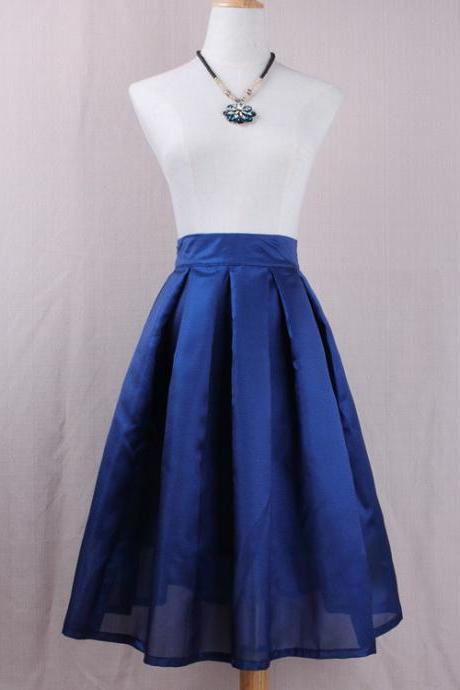 Simple Women A Line Midi Skirt High Waist Pleated Solid Office Work Skater Skirt dark blue