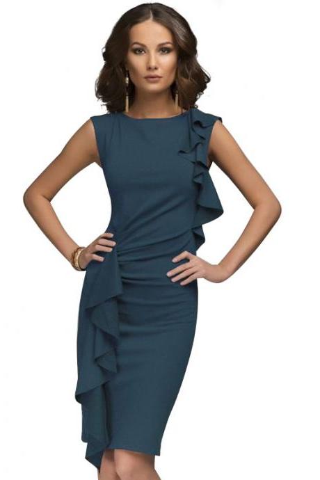 Two Side Flounce Trim Bodycon Dress Sleeveless Slim Sheath Short Party Pencil Dress navy blue
