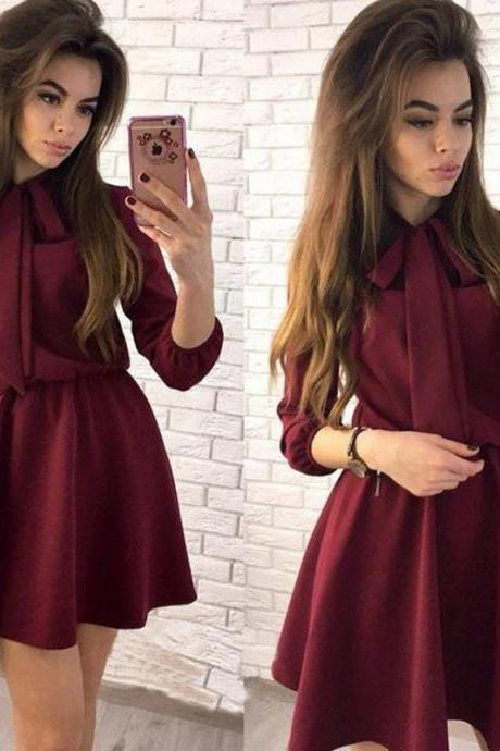 Women Summer Casual Dress 3/4 Sleeve Solid Bow Tie A-Line Mini Club Party Dress burgundy