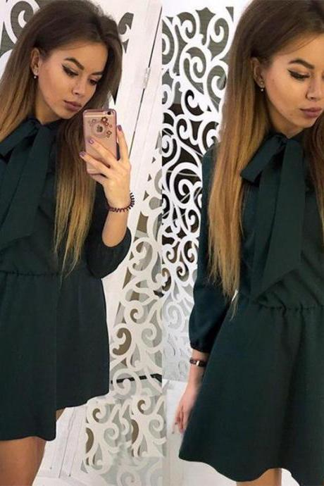 Women Summer Casual Dress 3/4 Sleeve Solid Bow Tie A-Line Mini Club Party Dress hunter green