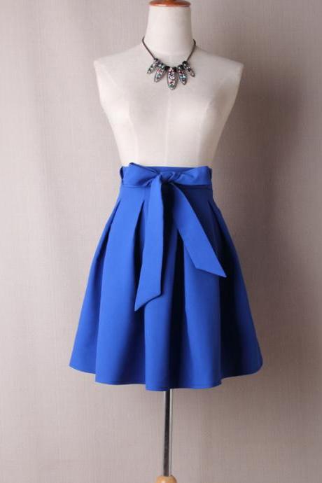 Women A Line Midi Skirt High Waist Bow Belted Office Work Pleated Tutu Short Skater Skirt Blue