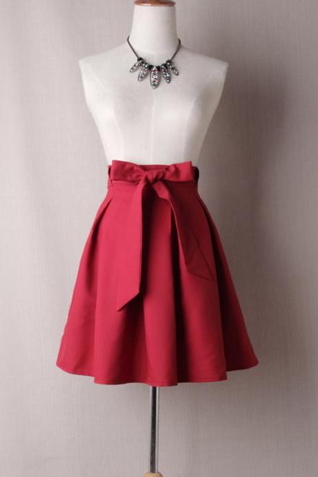 Red High Rise Short Ruffled Skater Skirt With Bow Accent Belt
