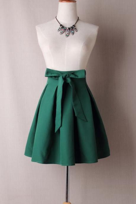 Forest Green High Rise Short Ruffled Skater Skirt With Bow Accent Belt