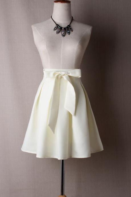 Women A Line Midi Skirt High Waist Bow Belted Office Work Pleated Tutu Short Skater Skirt Off White