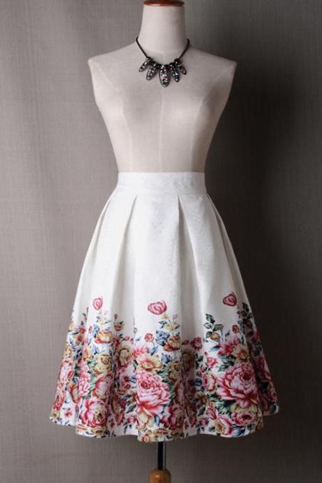 Women Midi Skater Skirt Vintage Floral Printed High Waist Pleated A Line Skirts off white