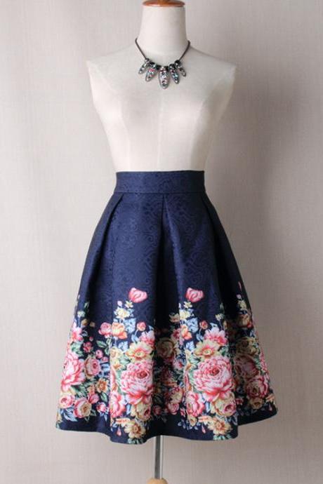 Women Midi Skater Skirt Vintage Floral Printed High Waist Pleated A Line Skirts navy blue