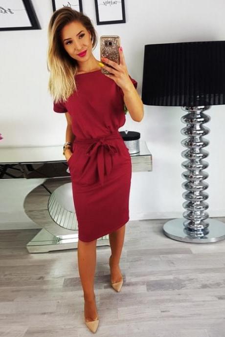 Women Slim Bodycon Pencil Dress Short Sleeve Belted Pockets Sheath Work Office Party Dress Burgundy