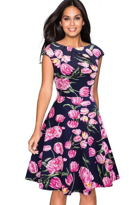 Elegant Women Summer Casual Dress Cap Sleeve Work Office Floral Party A-Line Swing Dress6#