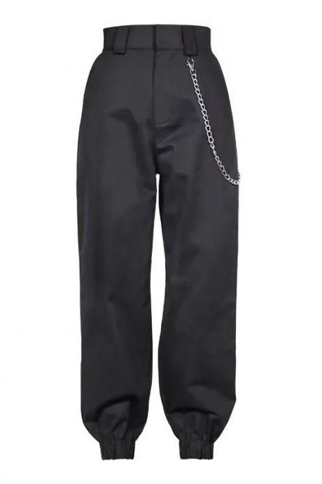 Women Harem Pants Streetwear High Waist Casual Dance Sweatpants Chain Zipper Cargo Trousers black