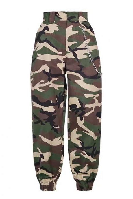 Women Harem Pants Streetwear High Waist Casual Dance Sweatpants Chain Zipper Cargo Trousers camouflage