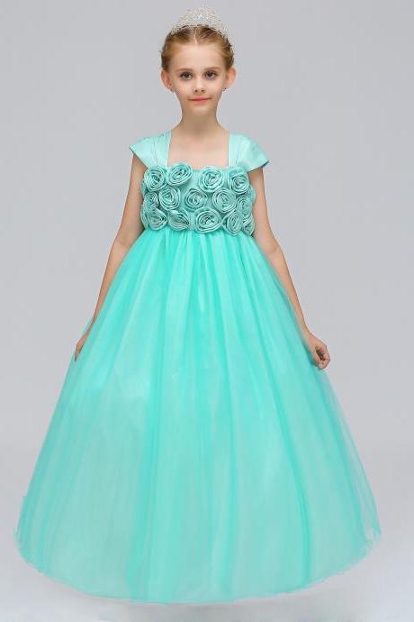 Princess Flower Girl Dress Cap Sleeve Long Formal Dance Party Tutu Gowns Children Clothes Aqua