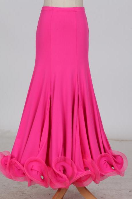 Fashion Ballroom Dance Skirt Mermaid Ruffles Standard Modern Dance Waltz Tango Skirt Hot Pink