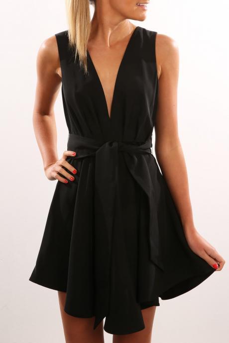 Women Summer Casual Dress Deep V Neck Sleeveless High Waist Belted Sexy Mini Club Party Dress Black
