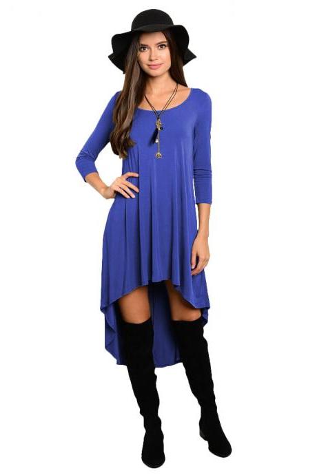 Comfortable Summer Casual Loose Dress Women Solid Long Sleeve O-Neck Asymmetrical Plus Size Dress blue