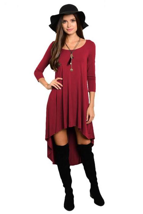 Comfortable Summer Casual Loose Dress Women Solid Long Sleeve O-Neck Asymmetrical Plus Size Dress burgundy