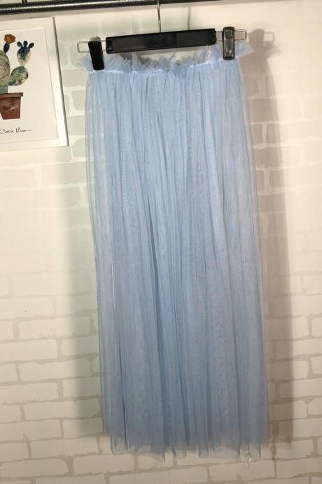 Summer Style Sheer Tulle Skirts A Line Tea Length High Waist Sexy Women See Through Skirt baby blue