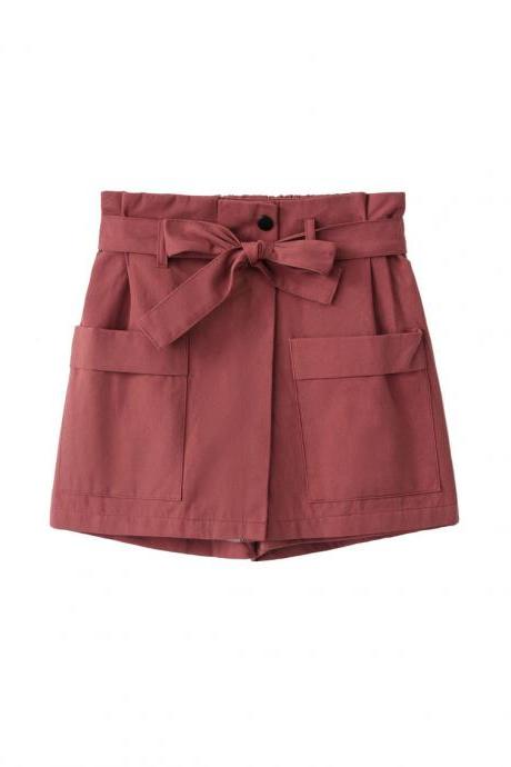 Women High Waist Shorts Women Belted Beach Summer Loose Streetwear Wide Leg Shorts Brick Red
