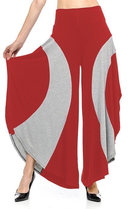  Women Asymmetrical Wide Leg Pants Summer High Waist Patchwork Casual Loose Streetwear Trousers red