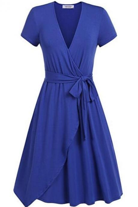 Women Summer Casual Dress V Neck Short Sleeve Belted A-line Wrap Midi Party Dress Blue