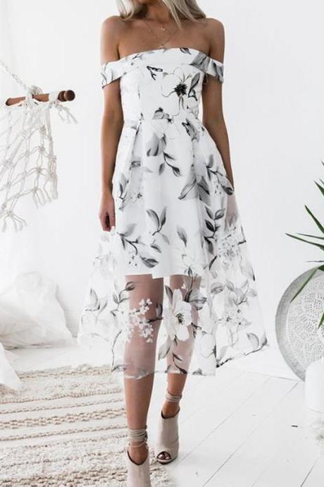 Women Summer Beach Boho Dress Floral Printed Off the Shoulder Cocktail Party Gowns off white