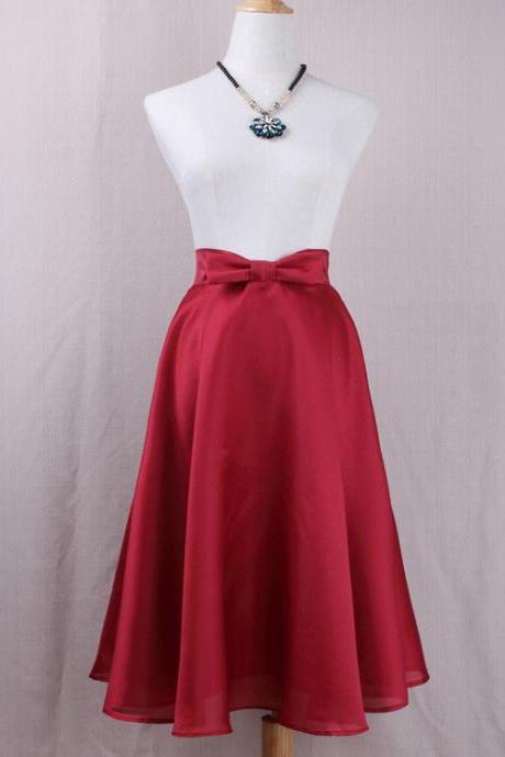 Fashion Bow High Waist A-line Midi Skirt Women Solid Work Swing Skater Skirt Crimson