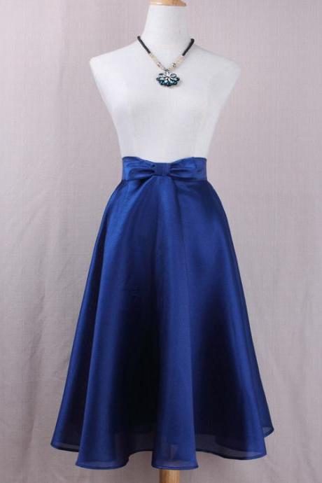 Fashion Bow High Waist A-line Midi Skirt Women Solid Work Swing Skater Skirt Dark Blue