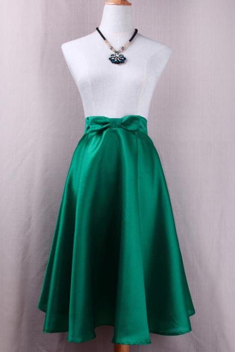Fashion Bow High Waist A-line Midi Skirt Women Solid Work Swing Skater Skirt Green