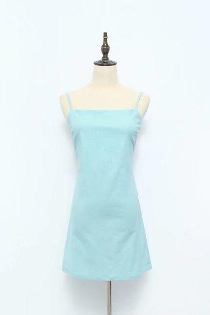 Women Summer Beach Dress Sexy Spaghetti Strap Sleeveless Tie Back Bow Casual Slim Mini Party Sundress Baby Blue