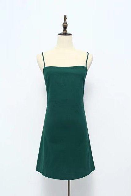  Women Summer Beach Dress Sexy Spaghetti Strap Sleeveless Tie Back Bow Casual Slim Mini Party Sundress hunter green