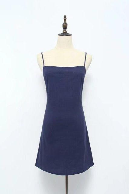 Women Summer Beach Dress Sexy Spaghetti Strap Sleeveless Tie Back Bow Casual Slim Mini Party Sundress navy blue