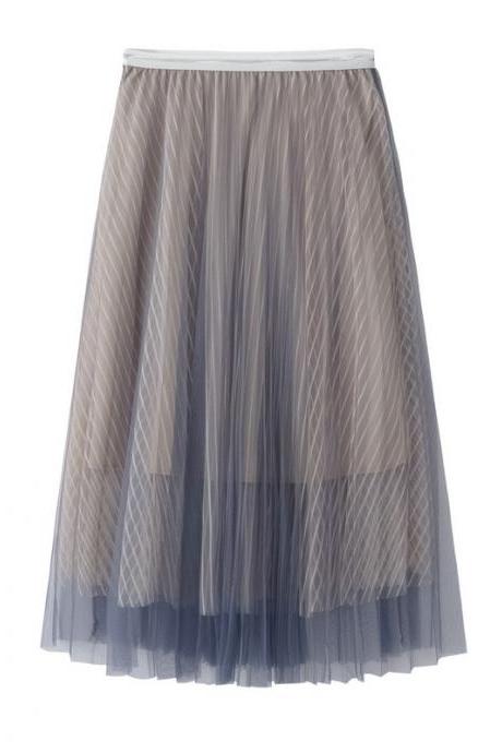  New Summer High Waist Midi A Line Skirt Women Striped Tulle Pleated Skirt gray 