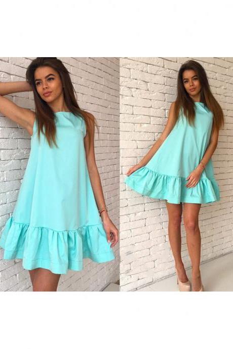  Sexy Ruffles Casual Dress Women Summer Sleeveless A Line Plus Size Short Mini Party Dress light blue