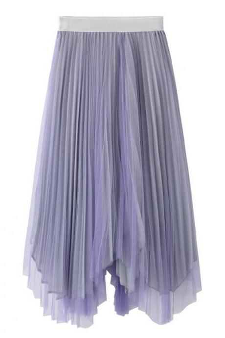 Women Midi Skirt Summer Asymmetrical High Waist Shiny A-line Long Tulle Pleated Skirt Lilac