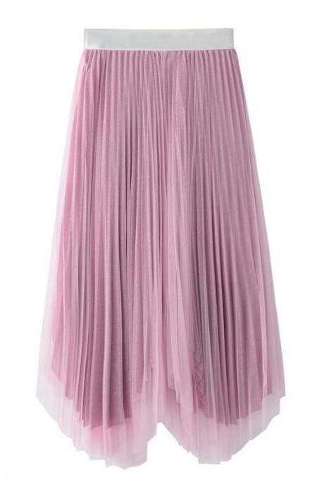Women Midi Skirt Summer Asymmetrical High Waist Shiny A-Line Long Tulle Pleated Skirt pink