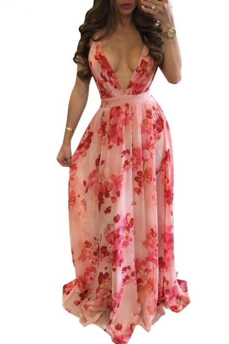 Sexy Deep V Backless Beach Maxi Dress Women Summer Chiffon Tunic Holiday Floral Print Long Dress1#