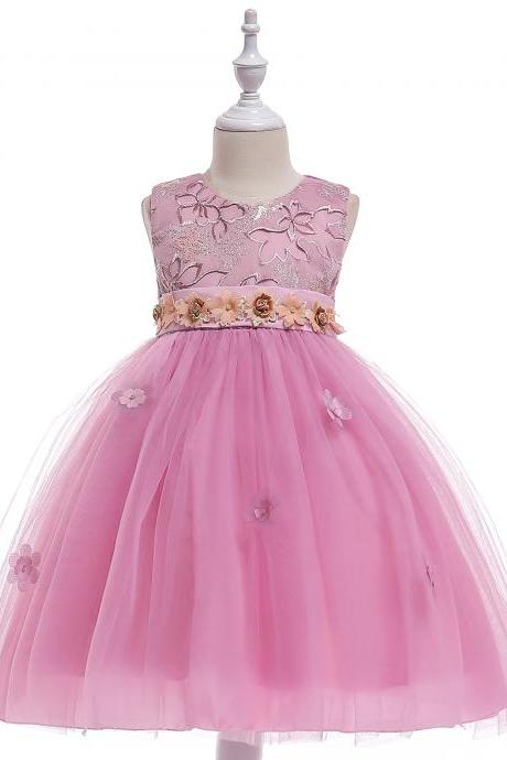 Embroidery Flower Girl Dress Belted Communion Party Tutu Gown Pastoral Children Clothes blush
