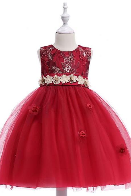 Embroidery Flower Girl Dress Belted Communion Party Tutu Gown Pastoral Children Clothes purplish red