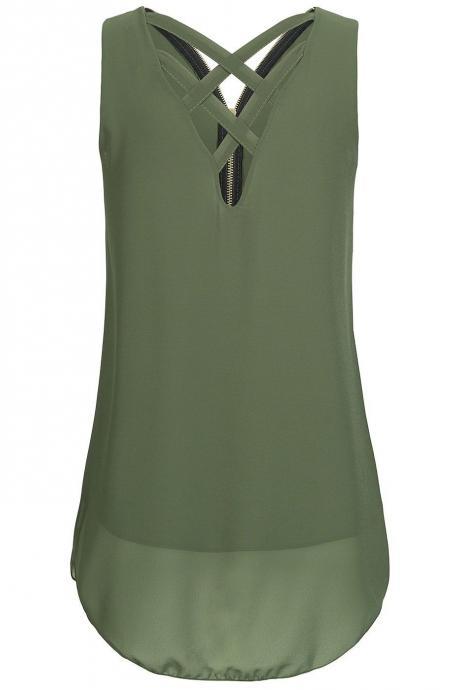 Plus Size Summer Tank Top Women Tunic Zipper V Neck Sleeveless Criss Cross Casual Vest army green